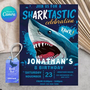 May include: A blue and white shark birthday party invitation with the text "Sharktastic celebration" and "Jonathan's 8th Birthday". The invitation includes the date "Saturday, November 23rd" and the time "From 12:00pm - 3:00pm".