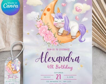 May include: Purple and pink birthday invitation with a unicorn sleeping on a crescent moon. The invitation says "Join us to celebrate Alexandra 4th Birthday" and includes the date, time, and location.