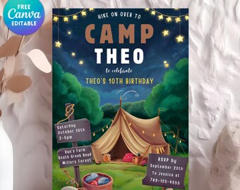 Camping Birthday Invitation Template, Camping Party Invitation, Camp Out, Under The Stars, Boy Campout, Smores Party, Instant Download