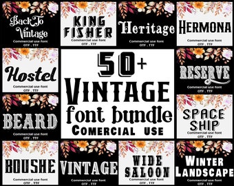 Title:  50 Vintage Font Bundle, Retro Fonts Set, Antique Fonts, Handwritten Fonts, Vintage Typeface, Procreate Font, Gothic Fonts