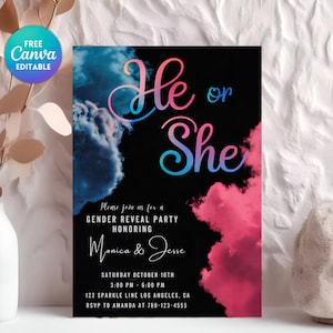 Invitación para revelar el género de él o ella, invitación para revelar el género, invitación para revelar el género de él o ella, plantilla de lienzo editable con humo rosa y azul