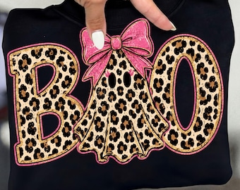 Boo PNG, Coquette Pink Bow Leopard Ghost Png, Retro Girly Halloween Shirt, Spooky Season PNG, boo png, fall vibes png