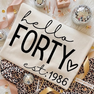 Hallo veertig Svg, 40e verjaardag Svg, Hallo 40 Svg, Hallo veertig Est 1986 Svg, 40 Svg, 40e verjaardag png, 40 tshirt ontwerp opgericht 1986 png