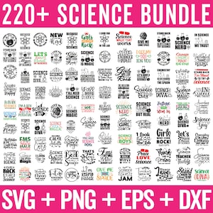 Könnte beinhalten: Ein rosa Hintergrund mit einer Sammlung von über 220 wissenschaftlichen Designs im SVG-, PNG-, EPS- und DXF-Format. Das Bild zeigt eine Vielzahl von wissenschaftlichen Designs, darunter textbasierte Designs wie "Science is Magic", "Science Nerd" und "Future Scientist", sowie Designs mit Illustrationen von Bechergläsern, Atomen und anderen wissenschaftlichen Bildern.