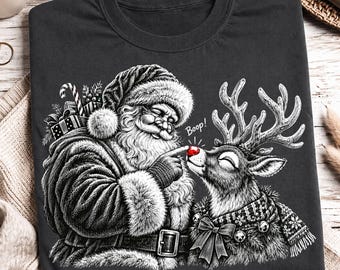 Santa Boop Png, Santa Reindeer Boop Png, White Ink Christmas Png, Vintage Santa Claus Png, Red Nose Reindeer Png, Engraved Christmas Png