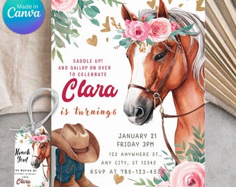 Bearbeitbare Cowgirl-Geburtstags-Einladungsvorlage, Mädchen-Pferde-Geburtstags-Einladung, Cowgirl-Party-Pferd einladen, rosa Blumen-Geburtstags-Einladung