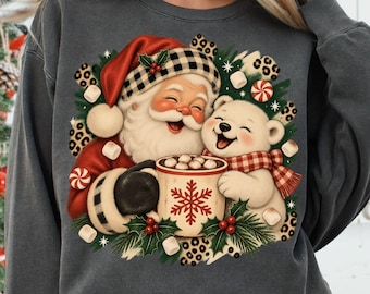 Santa Hot Cocoa Png, Santa Polar Bear Png, Leopard Gingham Christmas Png, Vintage Santa Claus Png, Cozy Christmas Sublimation Png