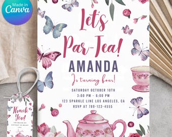 Tea Party Birthday Invitation, Par-tea Birthday Girl Invitation, Girl Pink Floral Invite, Teacup Invitation, Instant Download