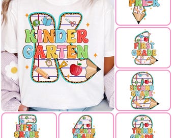 Pacchetto Ritorno a Scuola PNG, Design per Maglietta "Primo Giorno di Scuola" per Insegnanti Preppy, Stampa a Sublimazione "Colorful Coquette", Pre-k 1a/2a/3a/4a Elementare