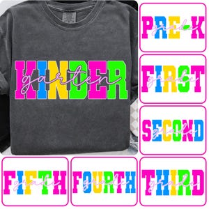 Retro Back to School PNG Neon Disstressed Bundle, Coquette Kindergarten Pre-K 1st 2nd 3rd 4th Grade Png, Girly Pink Bow, Hand Drawn,Colorful