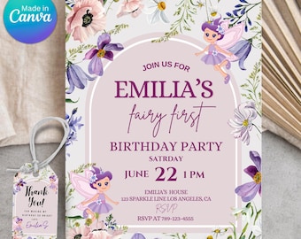 Editable Fairy First Birthday Party Editable Invitation Girl, Boho Arch Fairy 1st Birthday Invite, Garden, Enchanted Garden Fairy Invitation