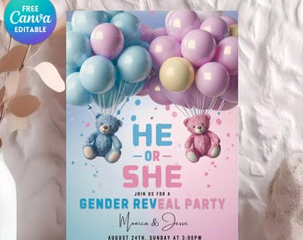 he or she invitation bear, He Or She, Boho Watercolor Bear with Balloons, EDITABLE Teddy Bears Gender Reveal Invitation, Boy Or Girl Party