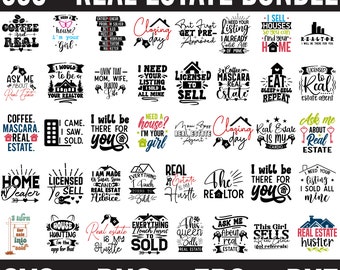 May include: A digital graphic bundle with the text "330+ REAL ESTATE BUNDLE" in white. The image contains numerous real estate-themed SVG, PNG, EPS, and DXF files with phrases like "Closing Day," "Licensed to Sell," and "Real Estate Hustle."