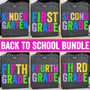 Preppy Back to School Floral Bundle PNG, First Day of School Designs, Kindergarten to Third Grade, Retro Teacher Shirt Neon Sublimation