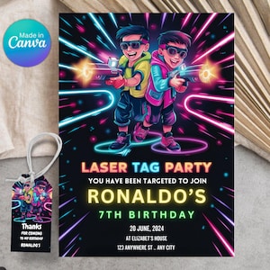 EDITABLE Laser Tag Birthday Invitation, Laser Tag Party Invite Template, Neon Red Glow Laser Tag, Boy Birthday, 5x7 Canva Instant Download