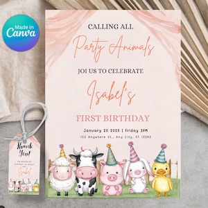 Editable Calling All Party Animals Farm Girl Birthday Invitation, Pink Farm Birthday Party Invite, Farm Animals Birthday Invite