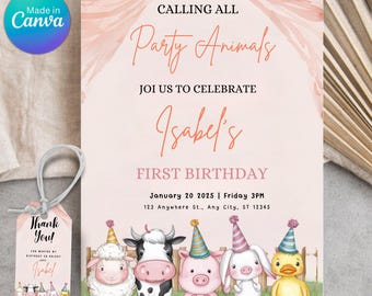 Bearbeitbar Calling All Party Animals Bauernhof Mädchen Geburtstagseinladung, Rosa Bauernhof-Geburtstagsfeier einladen, Bauernhof Tiere Geburtstag einladen