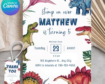 Editable Dinosaur Birthday Party Invitation Template, Dinosaur Birthday Invitation, Canva Editable Dinosaur Template, Printable Download