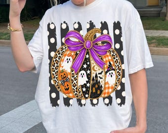 Striped Coquette Pumpkin Png, Brushstroke Halloween Png, Leopard Gingham Pumpkin Png, Purple Bow Ghost Png, Haunted House Spooky Png