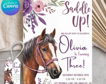 Editable Horse Birthday Party Invitation, Girl Birthday Invite, Purple Horse Floral Invitation, Saddle Up Canva Template Birthday Invitation
