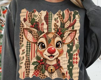 Christmas Reindeer Png, Vintage Reindeer Png, Leopard Gingham Striped Reindeer Png, Holly Jingle Bell Png, Retro Christmas Sublimation Png