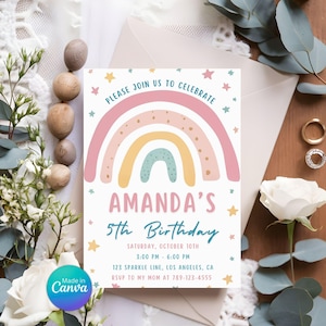 Rainbow Birthday Invitation for Girls, Editable Boho Rainbow Birthday Invitation Template, Canva Birthday Invite, Printable Canva Template