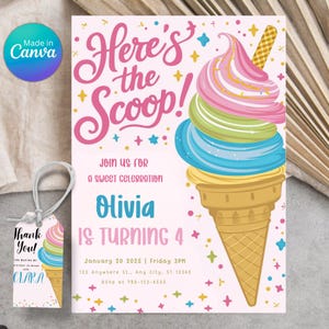 Ice Cream Birthday Invitation. Icecream Sweet Party Here&#39;s the Scoop Pink Purple Gold Girl Birthday EDITABLE Invite. Printable Download