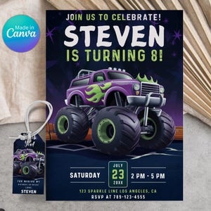 Eitable Monster Truck Birthday Invitation Template, Printable Birthday Party Invitations, Digital Kids Party Invite, 5x7 Canva