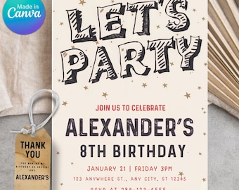 Simple Black and White Birthday Invitation Template, ANY AGE, Instant Download Birthday Invitation for Boys Teens Kids Girl Birthday Canva