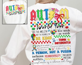 Autism World Tour PNG, Awareness Month Gift png, Choose To Be Kind Design, Neurodiversity Sweater Graphic, Love Needs No Words PNG 2 Designs