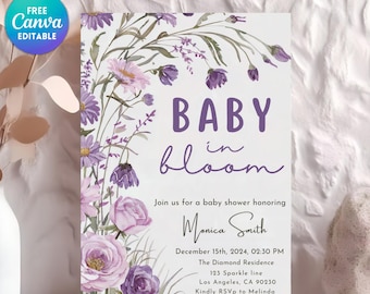Baby in Bloom Invitation, Wildflowers Baby Shower Invitation, Purple Pink Flower Invitation, Wild Flower Invite, Floral Baby Brunch Invite