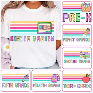 Retro Back to School PNG Neon Disstressed Bundle, Coquette Kindergarten Pre-K 1st 2nd 3rd 4th Grade Png, Girly Pink Bow, Hand Drawn,Colorful