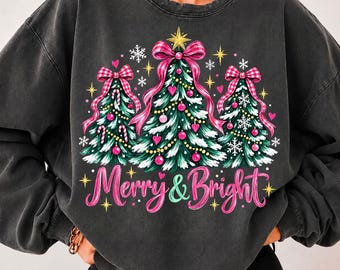 Merry And Bright Png, Pink Christmas Tree Png, Coquette Gingham Bow Tree Png, Girly Christmas Png, Snowy Christmas Tree Sublimation Png