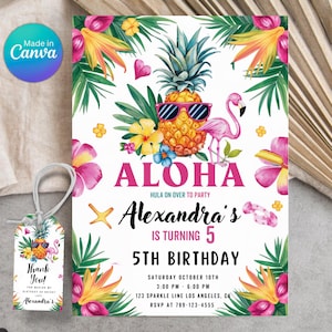 以下が含まれることがあります： アロハをテーマにした誕生日パーティーの招待状。サングラスをかけたパイナップルとフラミンゴが描かれています。招待状には「Hula on over to party」と「Alexandra's is turning 5」と書かれています。
