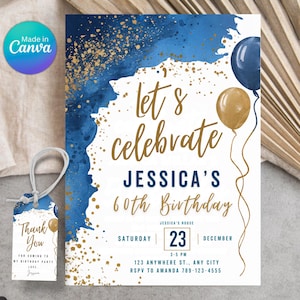 Blue and Gold Birthday Invitation Editable Party Invite Template Let's Celebrate Balloons Decor Adult or Kids Party Invites Printable