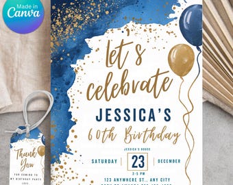 Blue and Gold Birthday Invitation Editable Party Invite Template Let's Celebrate Balloons Decor Adult or Kids Party Invites Printable