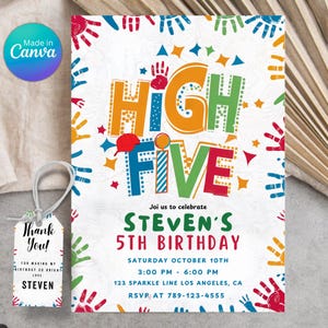 May include: A colourful birthday party invitation with the words "HIGH FIVE" in large, colourful letters. The invitation is decorated with handprints and stars. The text on the invitation reads "Join us to celebrate Steven's 5th Birthday, Saturday October 10th, 3:00 PM - 6:00 PM, 123 Sparkle Line Los Angeles, CA, RSVP at 789-123-4555".