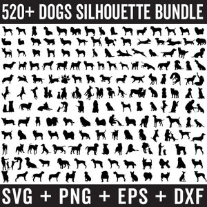 Op de afbeelding: Een verzameling van meer dan 520 zwarte silhouetbeelden van honden in verschillende poses en rassen. De tekst "SVG + PNG + EPS + DXF" staat onderaan de afbeelding.
