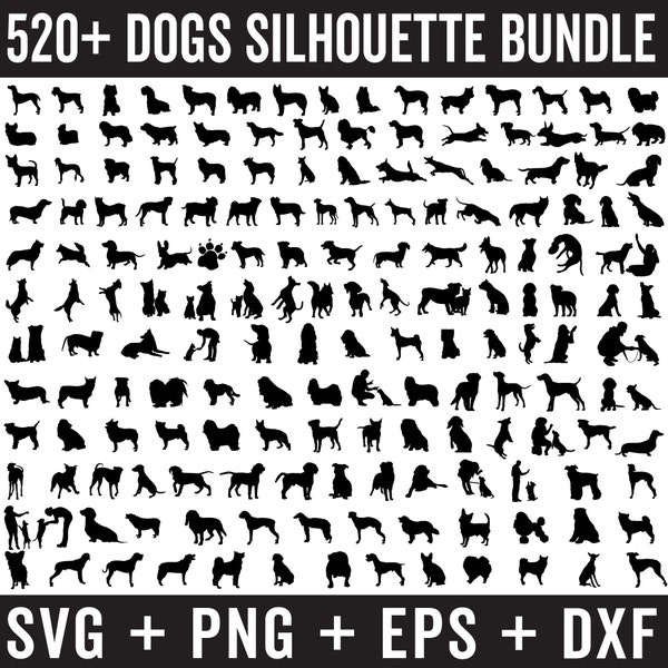 520+ Dog Silhouette Bundle, Dogs Mega Silhouette Bundle, Dogs Silhouette SVG Png, Dog Silhouette, Dog Breed Silhouette