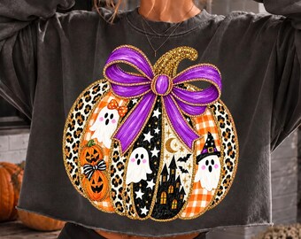 Coquette Pumpkin Png, Leopard Gingham Pumpkin Png, Purple Bow Halloween Png, Ghost Haunted House Png, Faux Glitter Pumpkin Png, Spooky Png