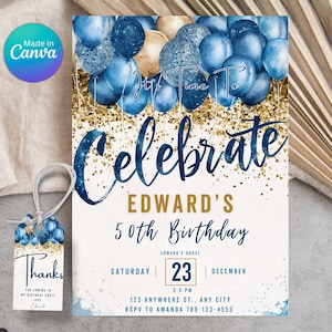 Convite de aniversário para homens adultos, convite para festa com balões, convite para comemorar, modelo editável, decoração azul prata dourada