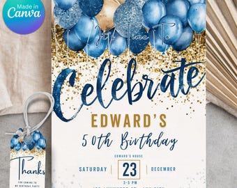 Adult Men&#39;s Birthday Invitation, Balloons Party Invite, Let&#39;s Celebrate Invitation, Editable Template, Blue Silver Gold Decor