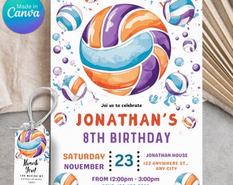 Volleyball Birthday Invitation, Volleyball Party Invite, Volleyball Theme, Girl's Volleyball Party, 5x7, Canva Tamplate, Instant Download