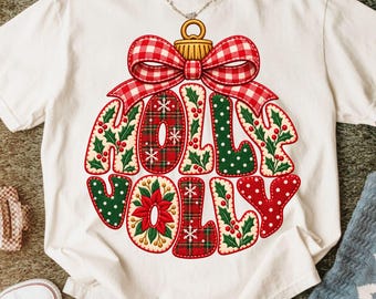 Holly Jolly Png, Christmas Ornament Png, Faux Stitch Holly Jolly Png, Gingham Bow Ornament Png, Poinsettia Holly Png, Retro Christmas Png