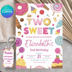 Two Sweet Birthday Invitation, 2nd Birthday Girl Invitation, Editable Donut 2nd Birthday Invitation, Two Year Dessert Invite, Canva Download