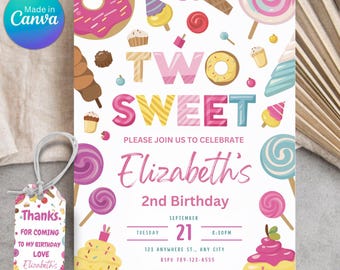 Two Sweet Birthday Invitation, 2nd Birthday Girl Invitation, Editable Donut 2nd Birthday Invitation, Two Year Dessert Invite, Canva Download