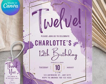 Purple Lover Birthday Invitation, Purple and Gold, Party Invite, Birthday Invitations, Purple Floral Birthday Editable Invitations Template