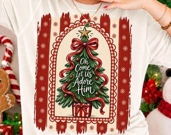 Striped Oh Come Let Us Adore Him Png, Christian Christmas Png, Coquette Bow Christmas Tree Png, Gingham Snowflake Png, Faith Xmas Png