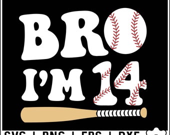 Bro I'm 14 Svg, Fourteenth Birthday Svg, 14 Year Old Birthday Boy Svg Png, 14th Birthday Baseball Theme Png Svg, Baseball Birthday Boy SVG