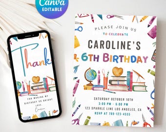 Editable School Birthday Invitation, Preschool Party Invite, First Day of School Invitation, Kindergarten Party Invite, Instant Download
